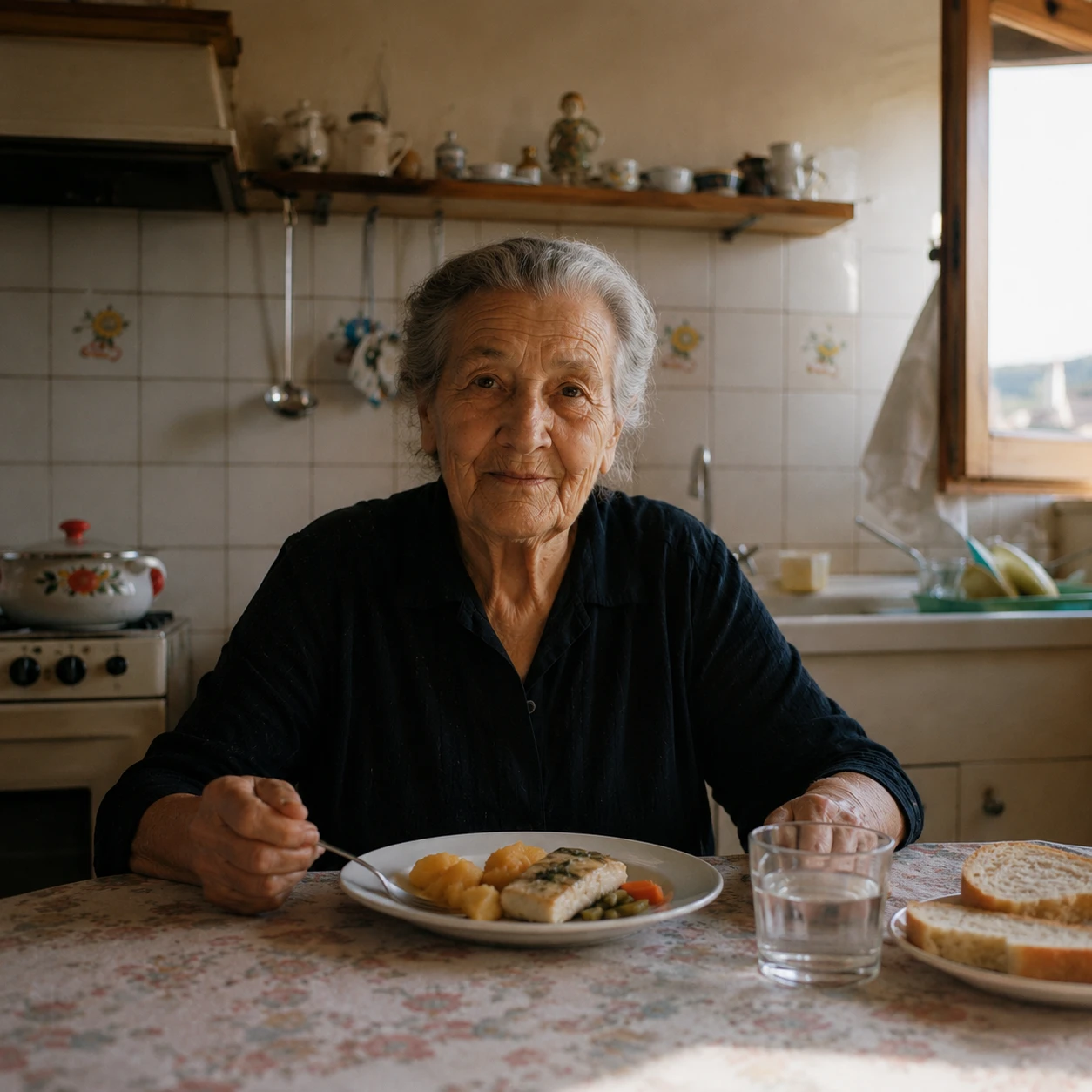 Persona mayor comiendo en casa, en la mesa de la cocina